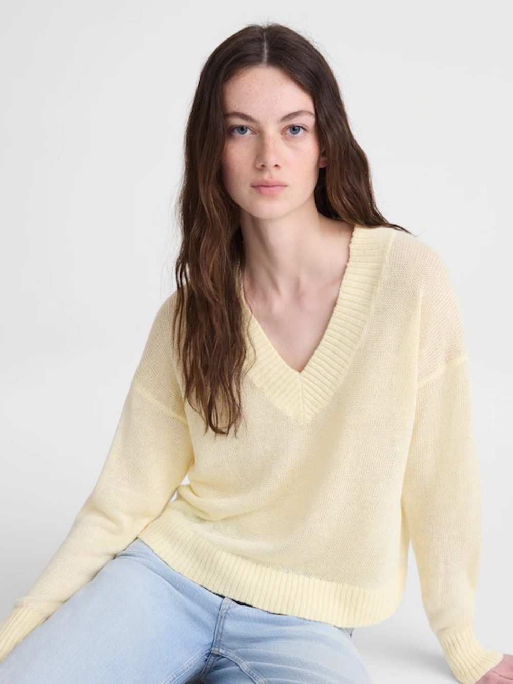 Madewell 100% Linen Deep V-Neck Sweater Yellow XS/S NWOT